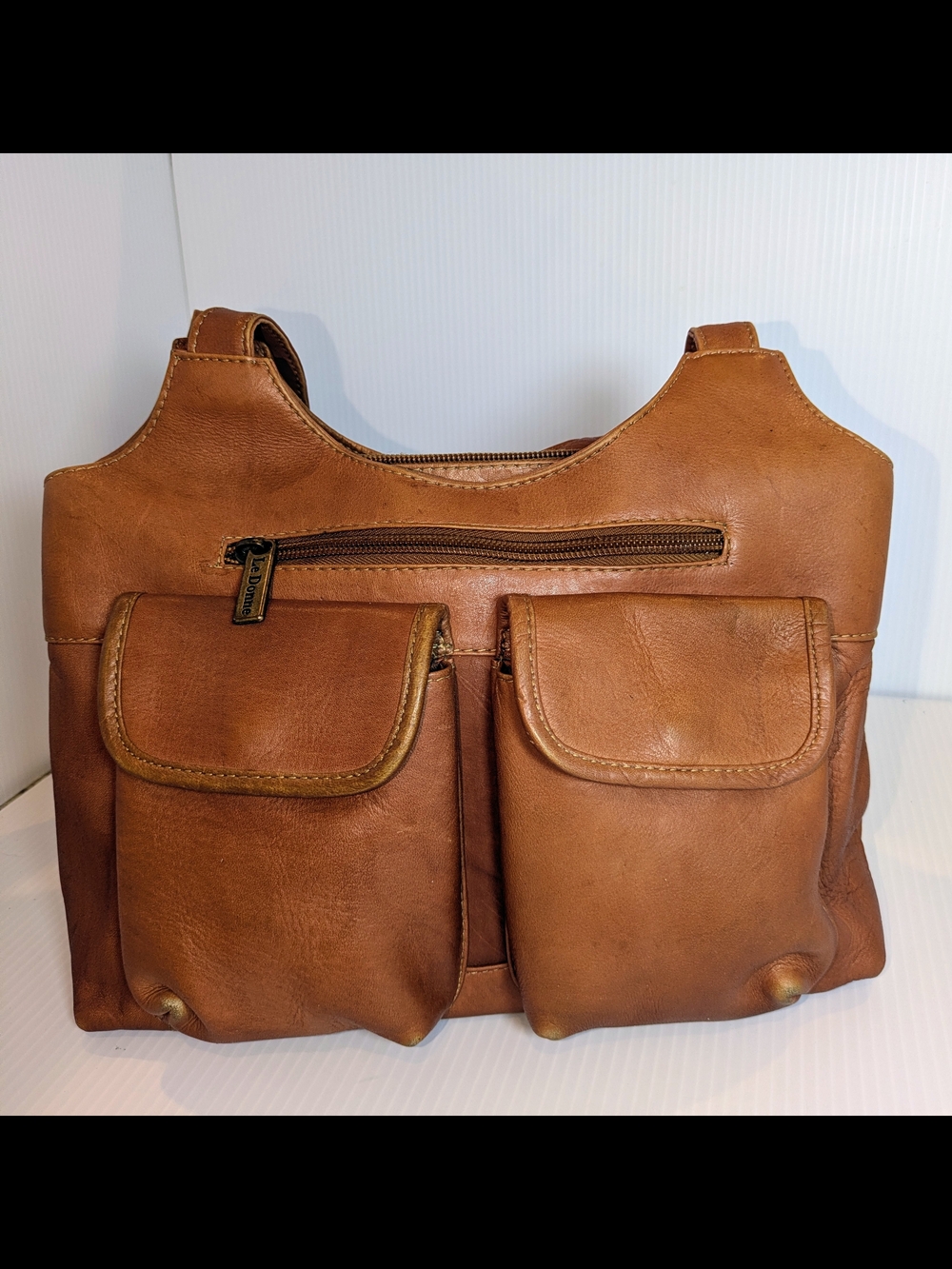 Le Donne Leather Crossbody Messenger Bag Brown Dual Front Pocket Organizer